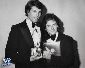 Here's Christopher Reeve presenting his best friend Robin Williams of 'Mork and Mindy' with the Favorite Male Performer at the People's Choice Awards show on March 8, 1979.