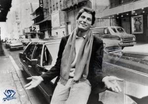 Christopher Reeve outside of Sardi's Restaurant at 234 West 44th Street in New York City on February 23, 1977 following a press conference announcing him as Clark Kent and Superman in 'Superman' and 'Superman II'.